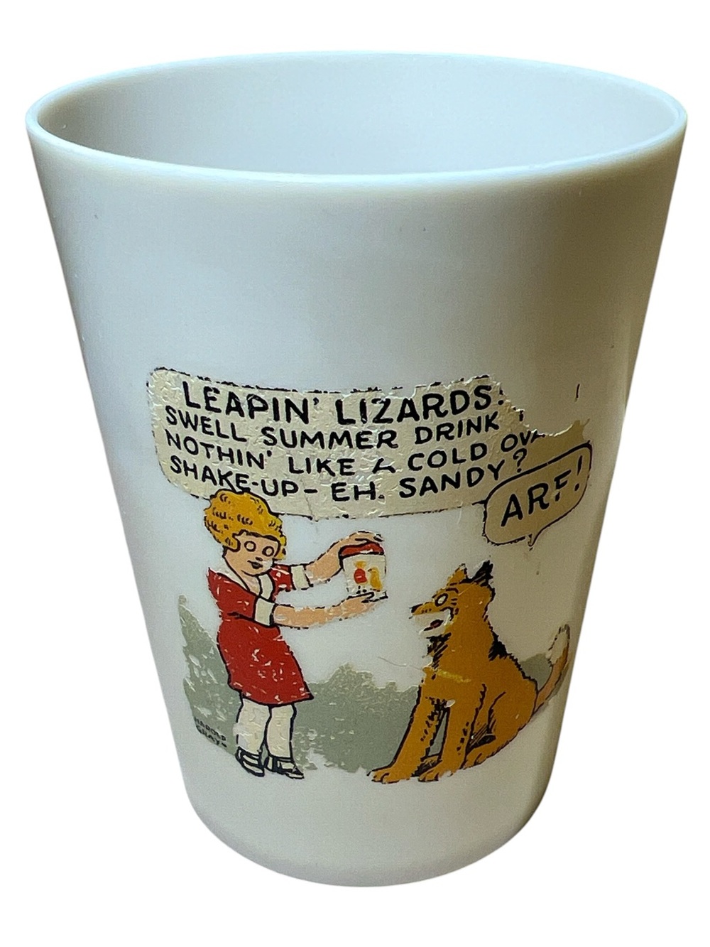 Vintage Little Orphan Annie Cartoon Milk Glass Tumbler with Girl & Dog